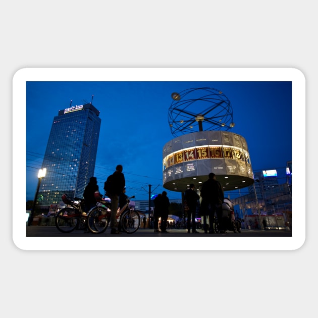 Berlin Alexanderplatz night Scene, with the Weltzeituhr (World Time Clock), built in 1969, and the Park Inn Hotel highrise in the background Sticker by Reinvention